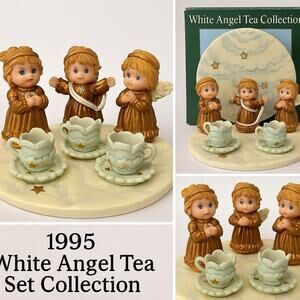 1995 Young’s White Angel Tea Set Collection Miniature Figurines w/ Box Preowned